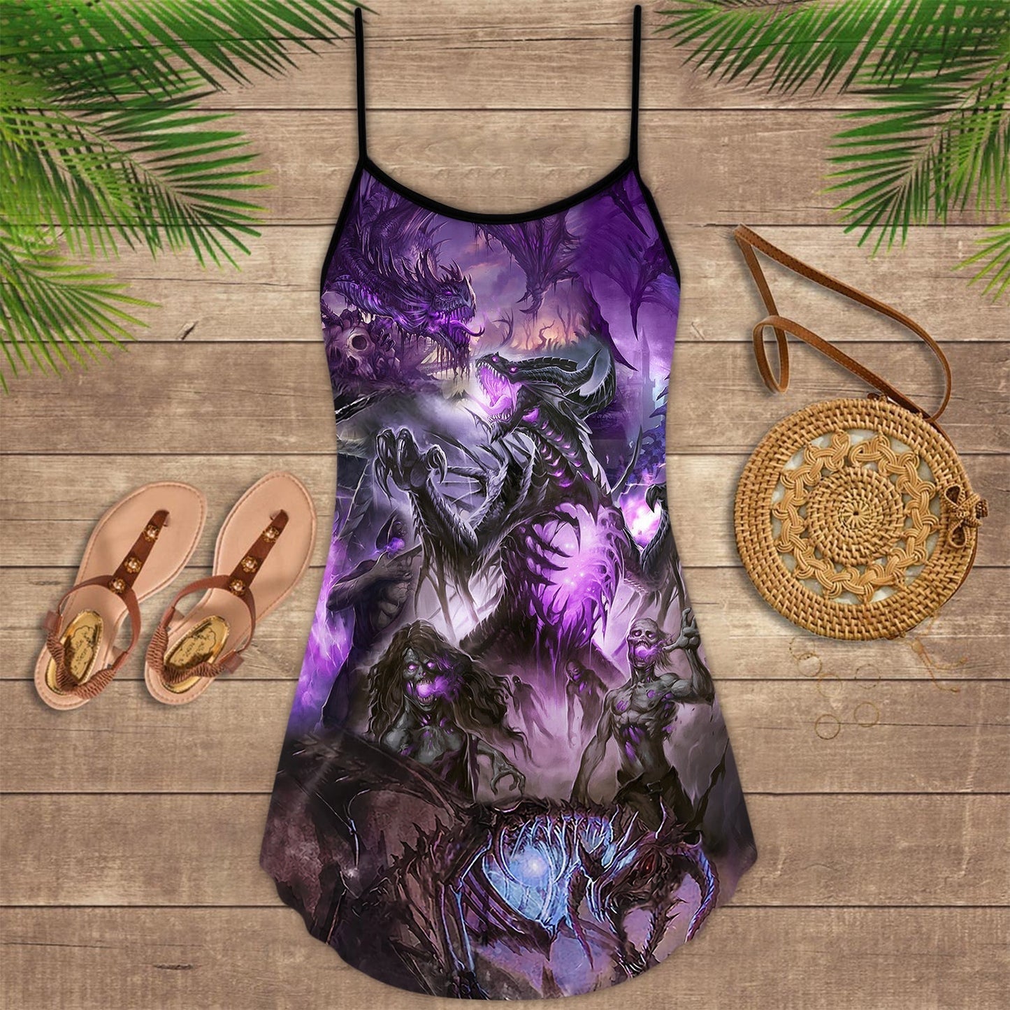 Dragon Skull Joyful Spirit V-Neck Sleeveless Cami Dress For Dark Art Lovers And Thoughtful Gifting