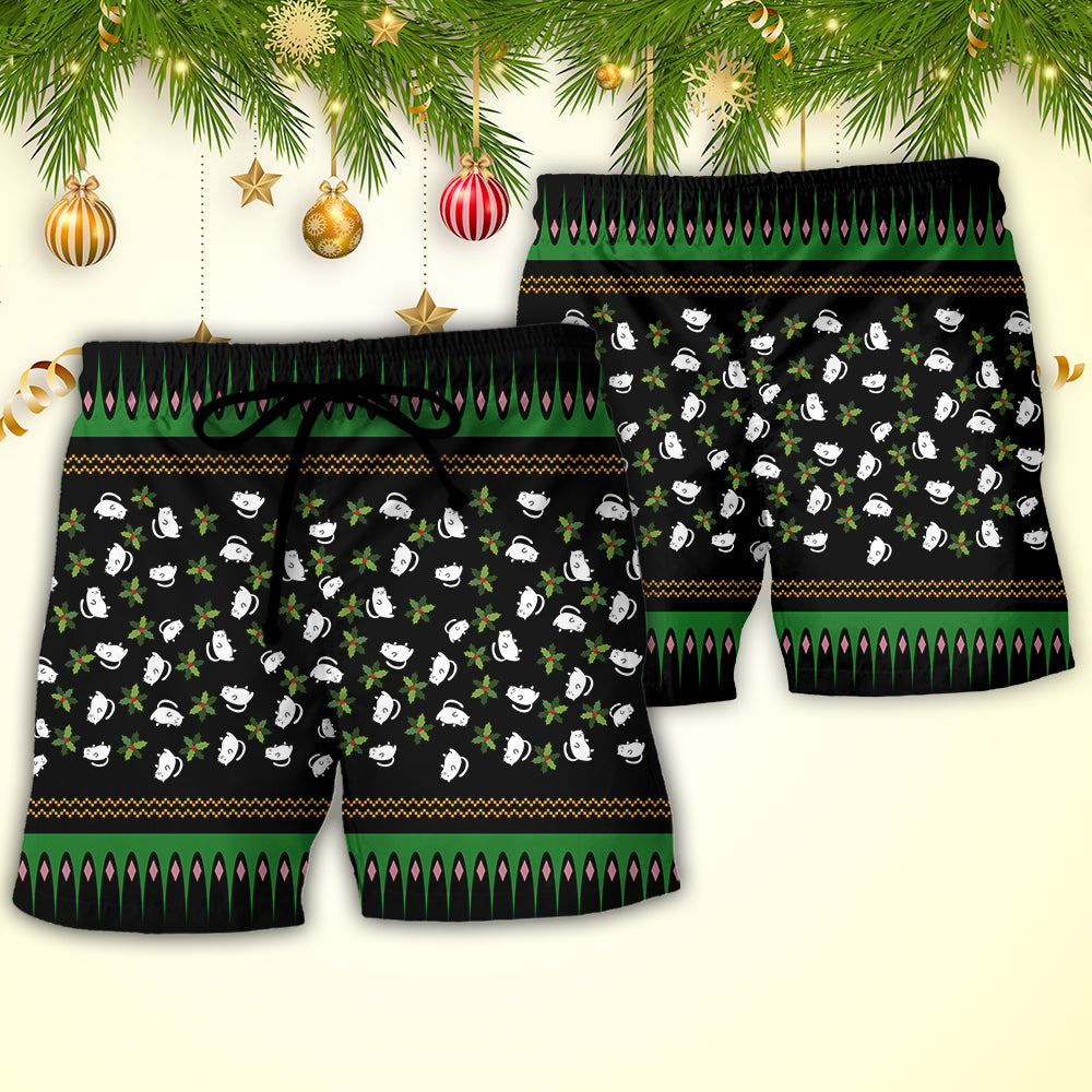 Christmas Black Cat Tree Beach Shorts Pattern Detail For Tropical Escapes And Weekend Casual Style