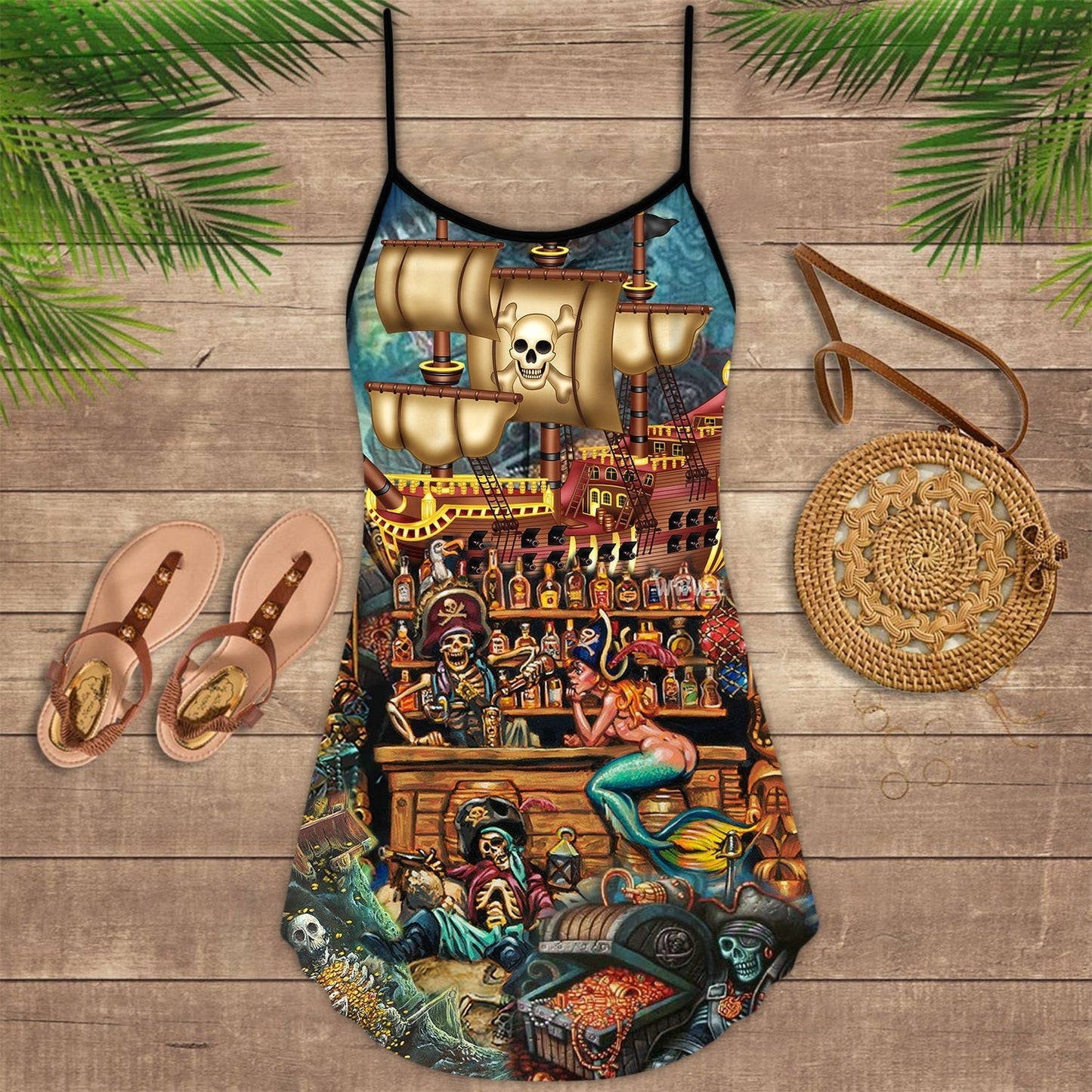 Skull Pirate Hunting Treasure V-Neck Sleeveless Cami Dress For Gothic Events And Relaxed Casual Wear