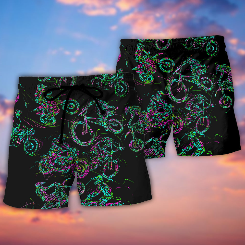 Neon Light Motorcycle Beach Shorts Pattern Detail For Island Trips And Versatile Outdoor Wear