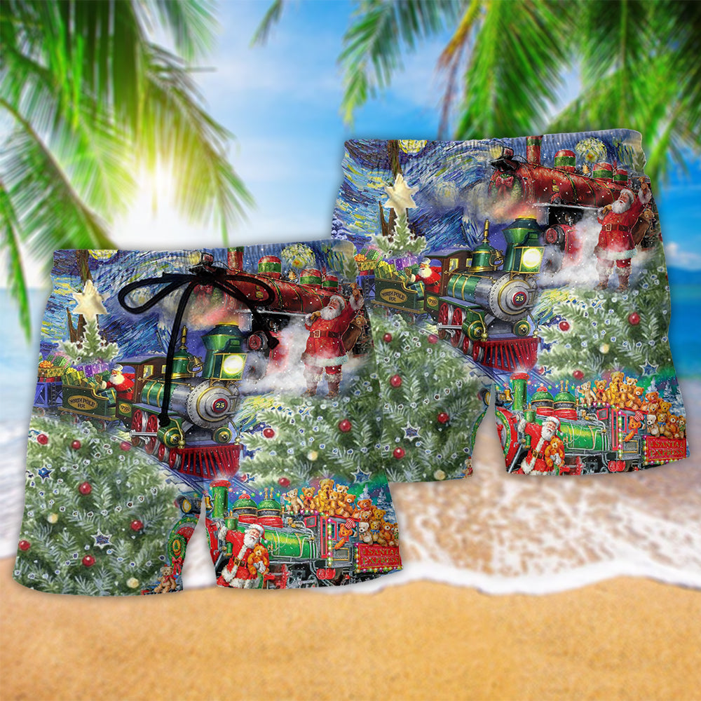 Christmas Gift Train By The Wharf Beach Shorts For Resort Travel And Thoughtful Summer Gifting