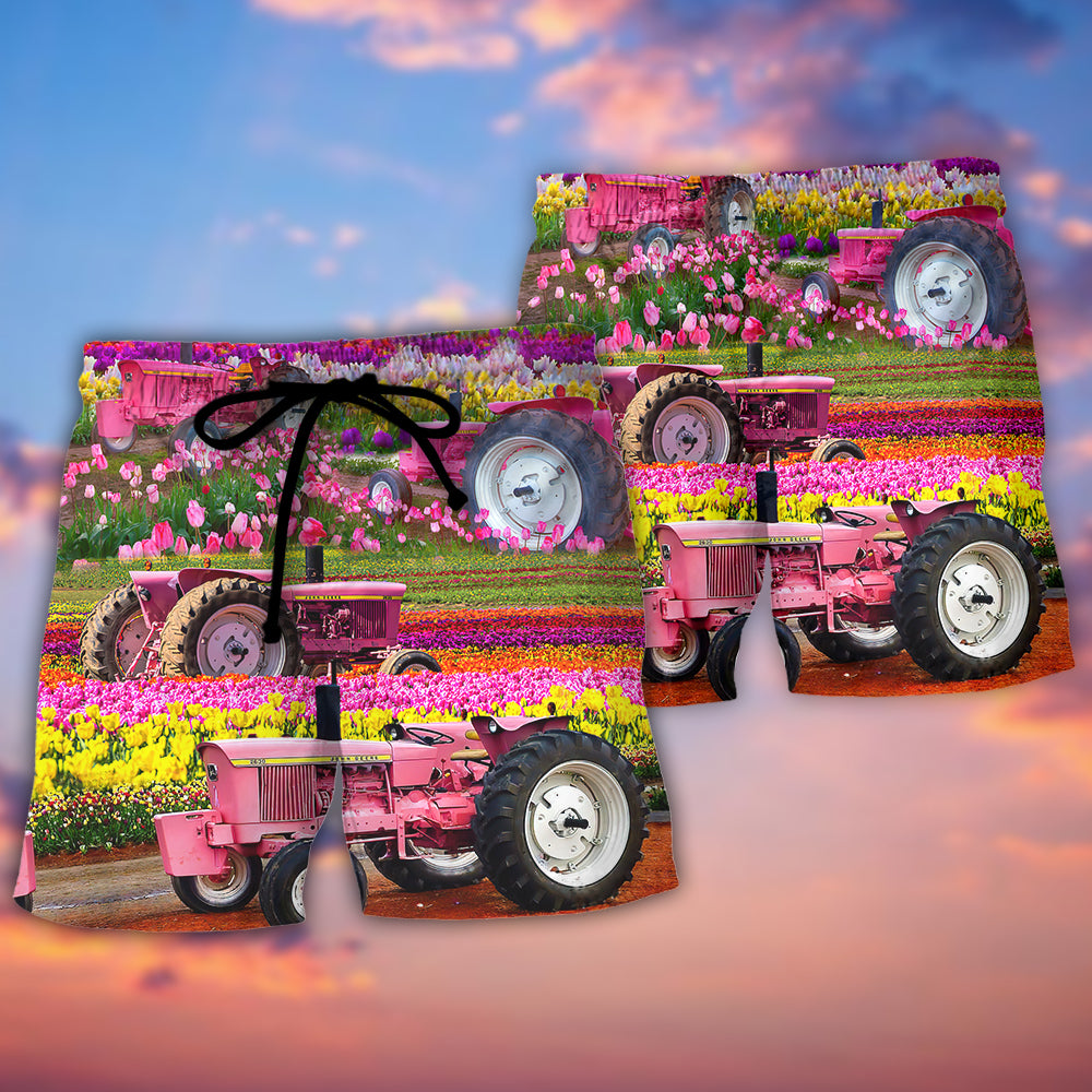 Tractor Rural Tulip Field Landscape Beach Shorts Pattern View For Weekend Trips And Outdoor Activities