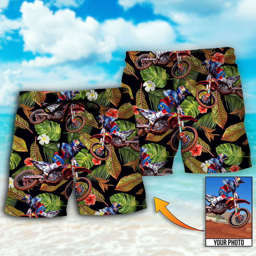 Motocross Tropical Cool Style Personalized Photo Beach Shorts Design Detail For Weekend Getaways And Beach Days