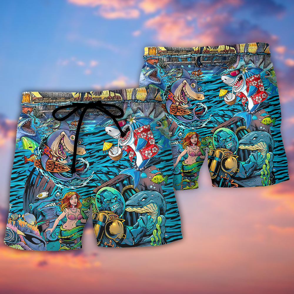 Underwater Shark Bar Scene Beach Shorts For Tropical Getaways And Weekend Adventures