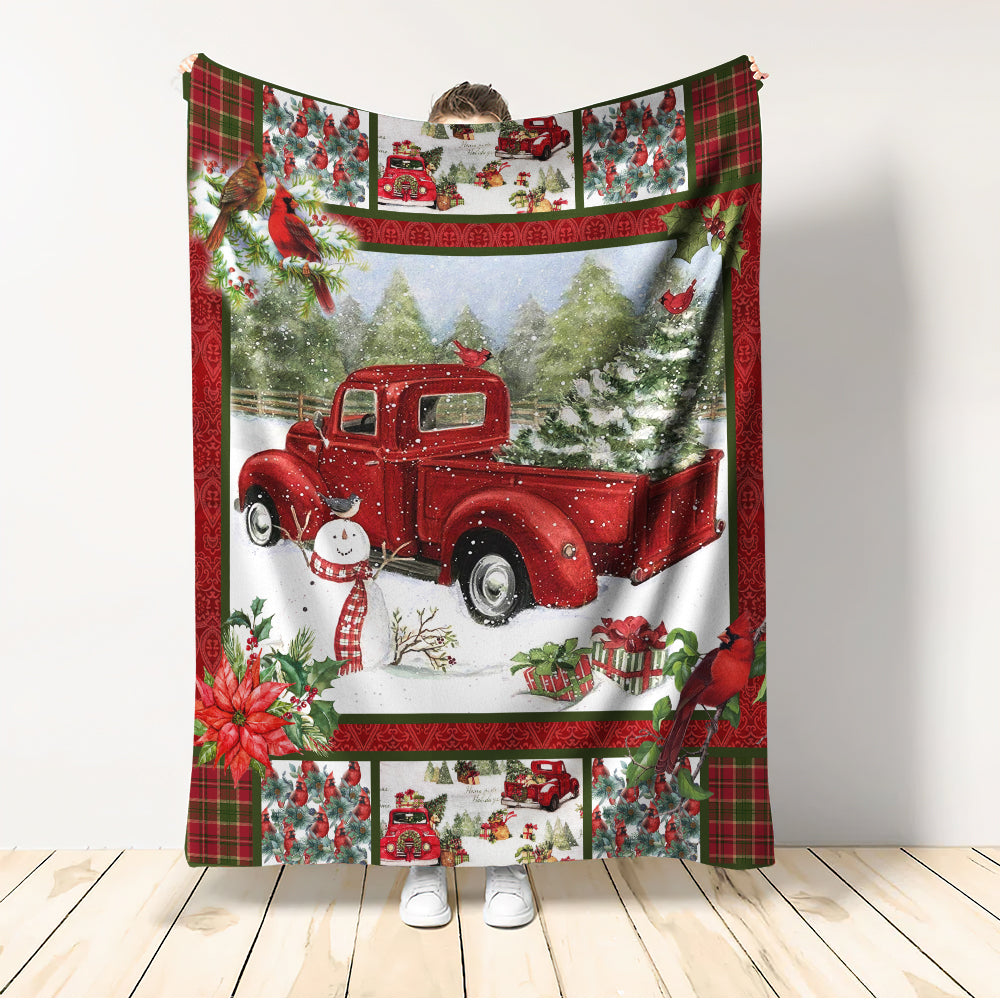 Cardinal Red Truck Christmas Flannel Blanket For Cozy Bedroom Sofa Decor