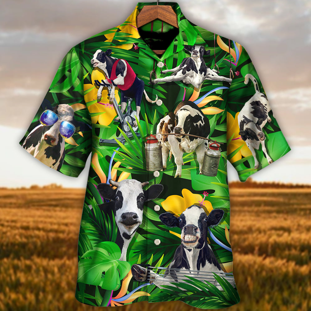 Tropical Funny Cow Dancing Hawaiian Shirt Front Pattern View For Coastal Travel
