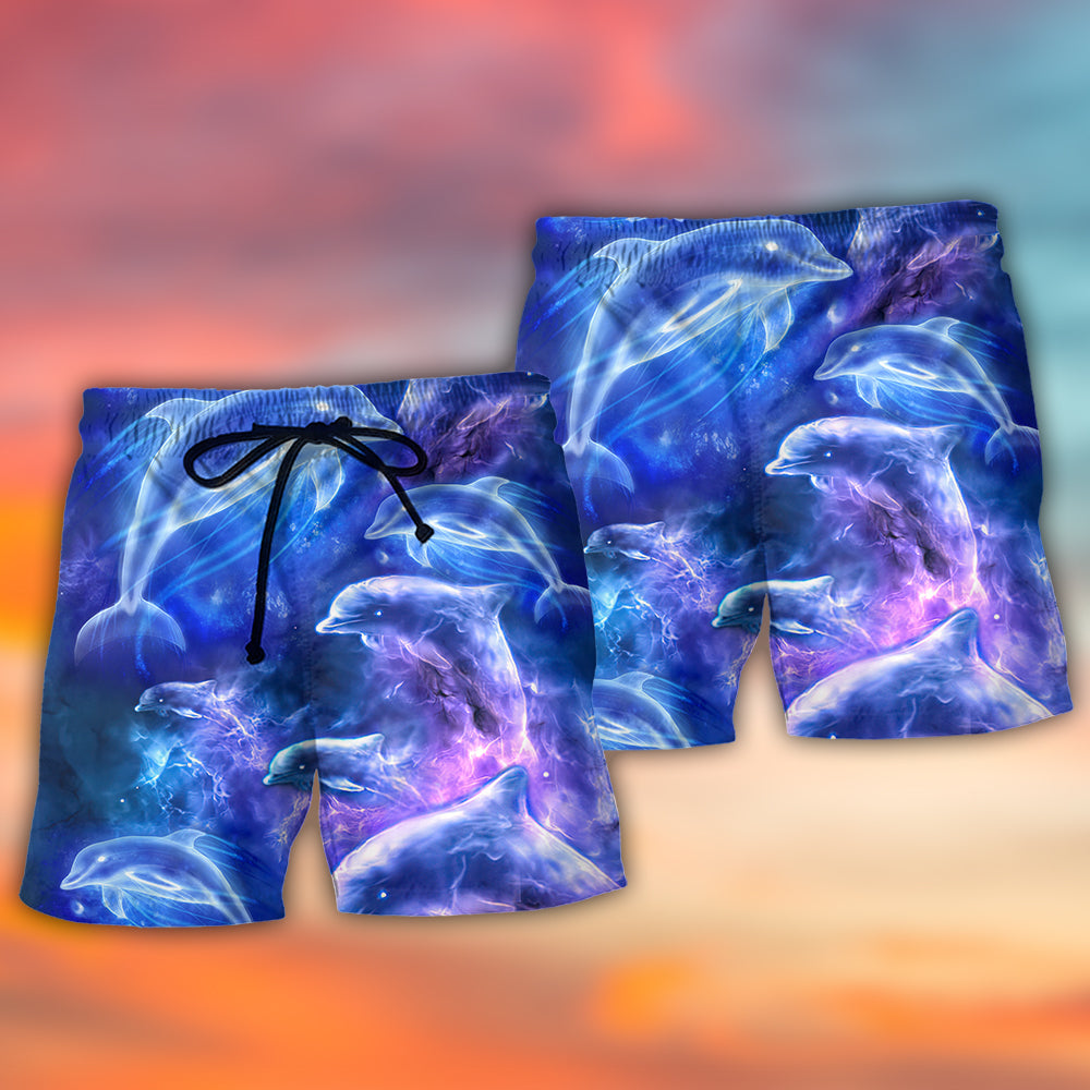 Dolphin Neon Galaxy Glow Fantasy Beach Shorts Pattern Detail For Seaside Leisure And Easy Warm Weather Wear