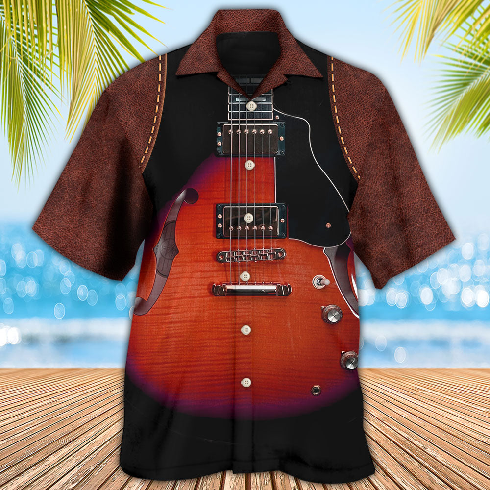 Red Vintage Guitar Leather Hawaiian Shirt Artwork View For Coastal Escapes And Resort Style