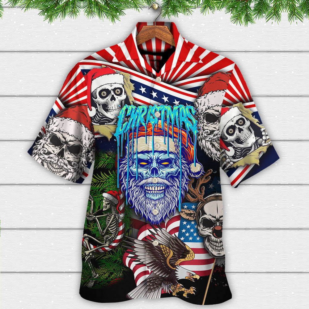 Skull Christmas US Flag Skeleton Horror Hawaiian Shirt Pattern Detail For Summer Holidays And Outdoor Fun