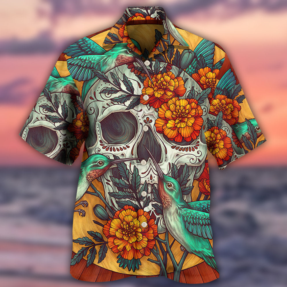 Floral Skull Hummingbird Hawaiian Shirt For Summer Events And Casual Outdoor Wear