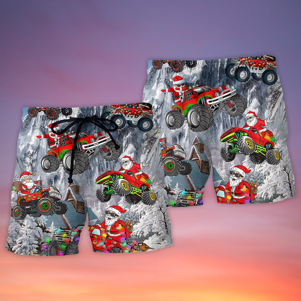 Santa Driving Red Truck In Snowy Mountains Beach Shorts For Outdoor Adventures And Thoughtful Seasonal Gifts