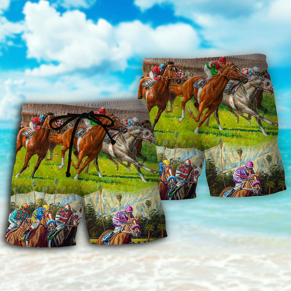 Horse Racing Don't Look Back Beach Shorts Artwork Detail For Comfortable Everyday Summer Wear