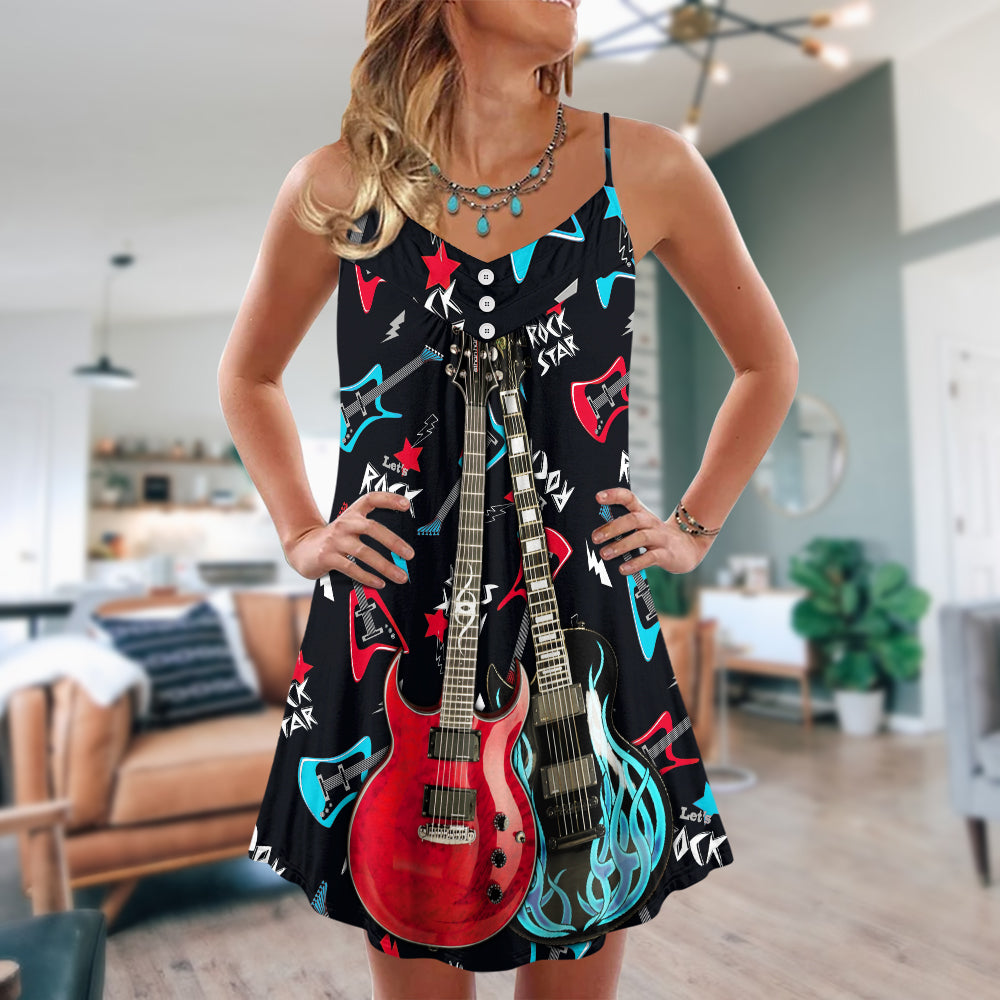 Guitar All I Need Is Music V-Neck Sleeveless Cami Dress For Festivals Travel And Relaxed Casual Summer Wear