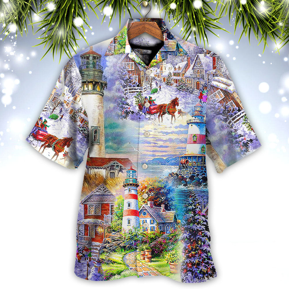 Lighthouse Christmas Santa Storm Hawaiian Shirt Pattern View For Lightweight Everyday Style