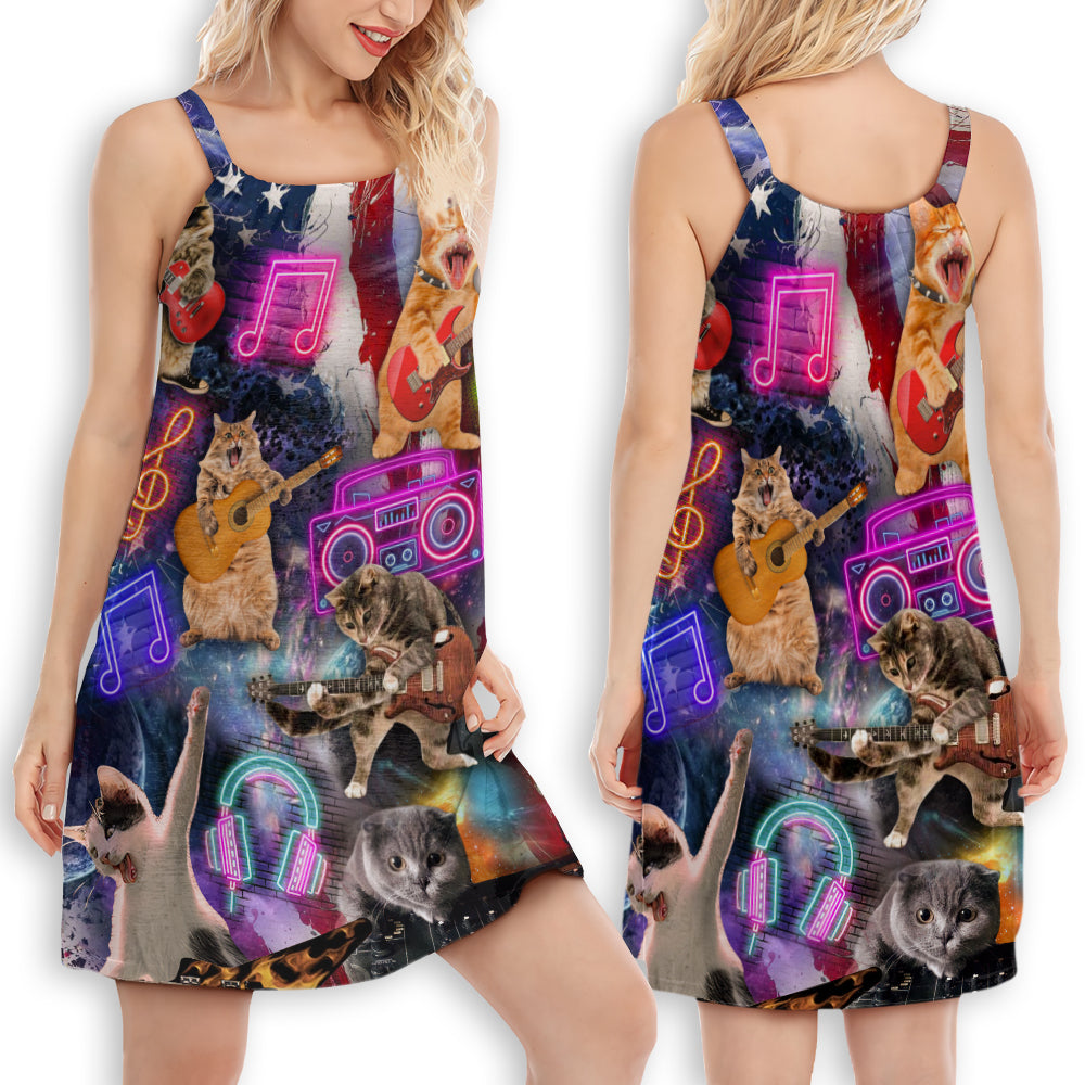 Cat Patriotic Celebration Rocker Happy V-Neck Sleeveless Cami Dress For Music Festivals And Casual Summer Wear