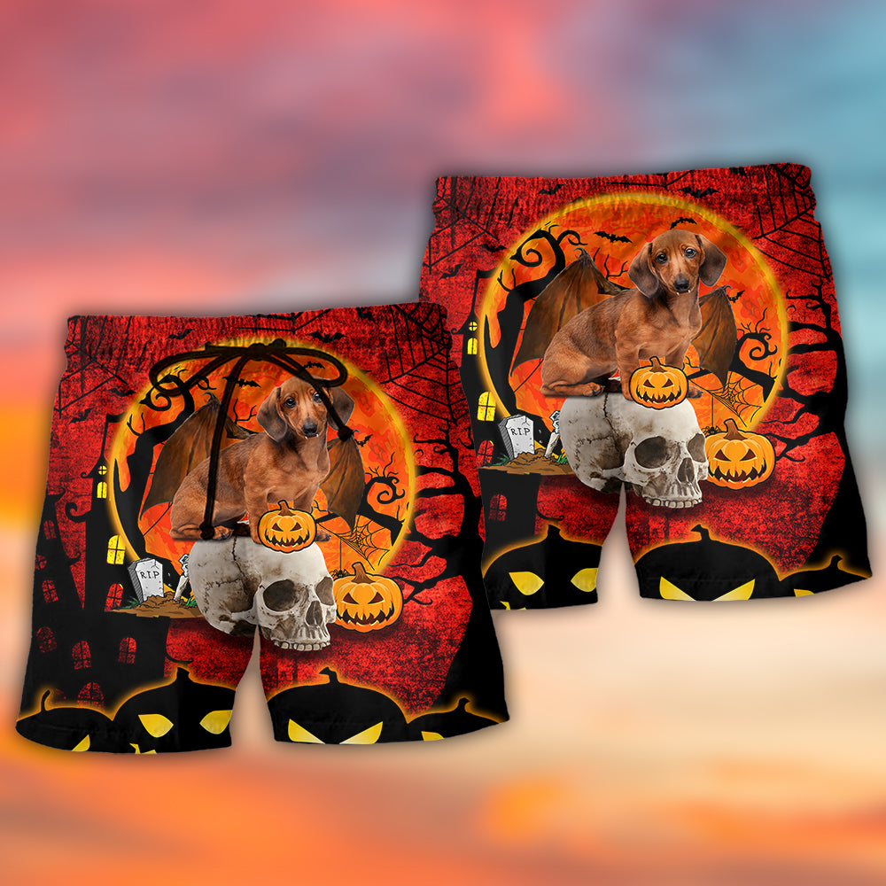 Dachshund Halloween Red Beach Shorts Pattern Detail For Coastal Travel And Relaxed Casual Style