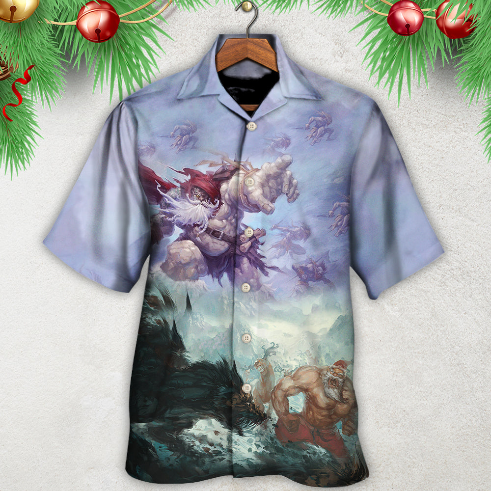 Dark Christmas Santa Battle Hawaiian Shirt Artwork Detail For Resort Trips And Outdoor Activities