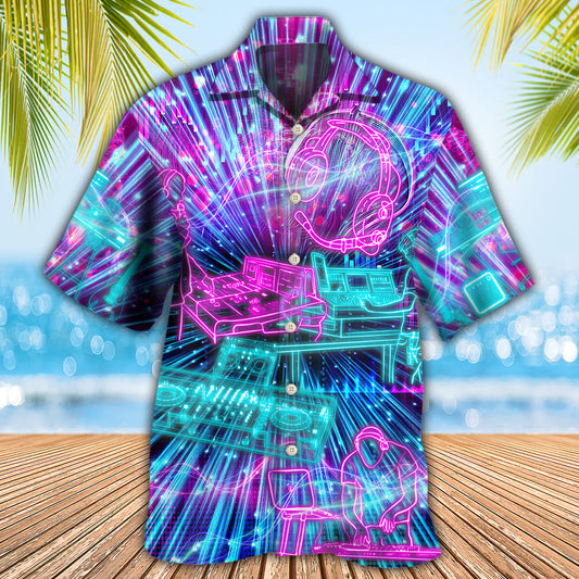 Neon Audio Engineer Soundwave Hawaiian Shirt Collar And Front View For Vacation Style