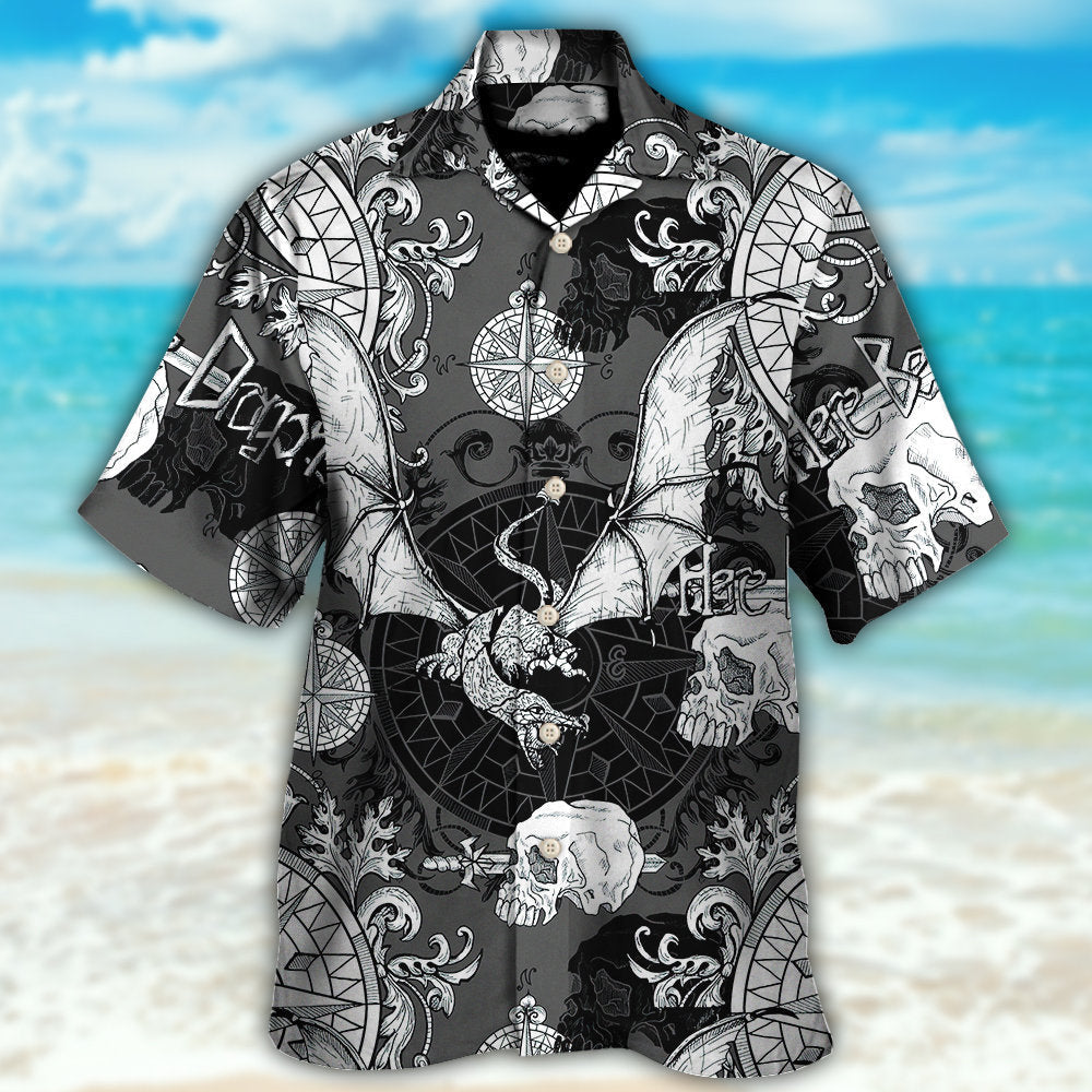 Dragon Snorting Fire Gothic Nautical Compass Baroque Hawaiian Shirt Artwork Detail For Tropical Trips And Casual Outings