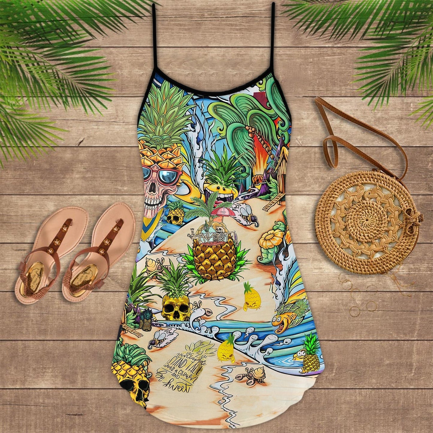 Skull Pineapple Fruit V-Neck Sleeveless Cami Dress For Travel And Expressive Warm Weather Fashion