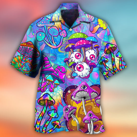 Bohemian Colorful Mushroom Psychedelic Hawaiian Shirt For Vacation Days And Relaxed Coastal Outings