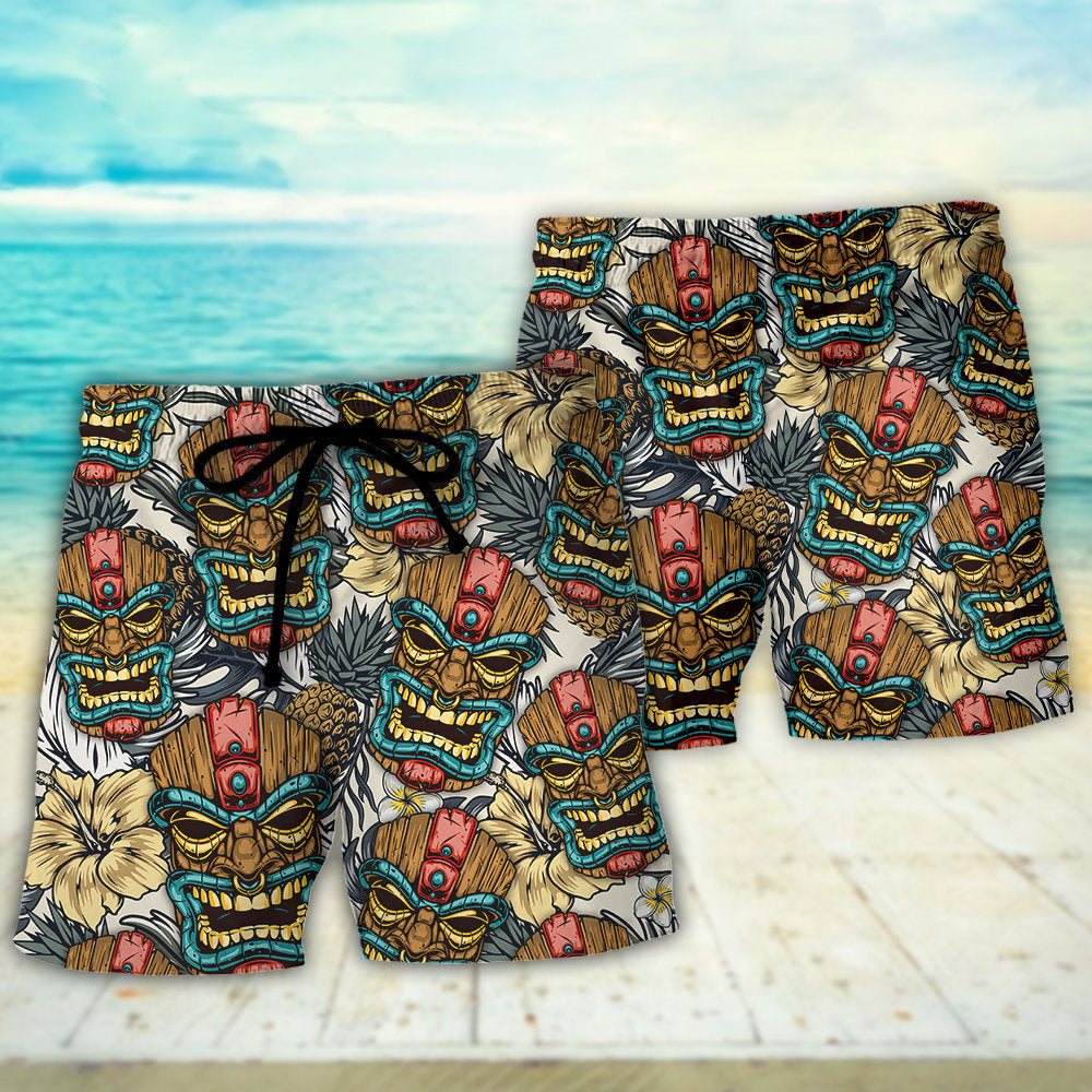 Tiki Tribal Mask Tropical Leaves Beach Shorts Artwork Detail For Tropical Travel And Everyday Wear