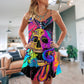 Skull And Moth Neon Butterfly Night V-Neck Sleeveless Cami Dress For Vacations And Casual Warm Weather Wear