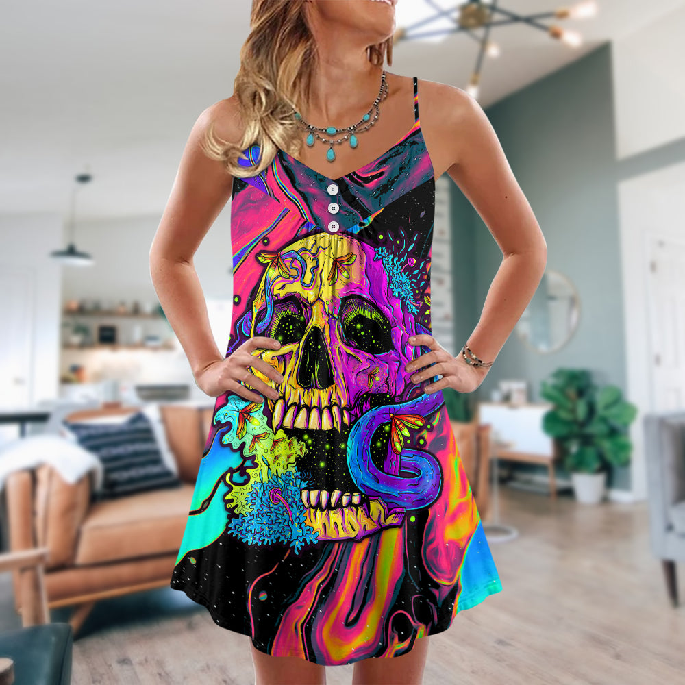 Skull And Moth Neon Butterfly Night V-Neck Sleeveless Cami Dress For Vacations And Casual Warm Weather Wear