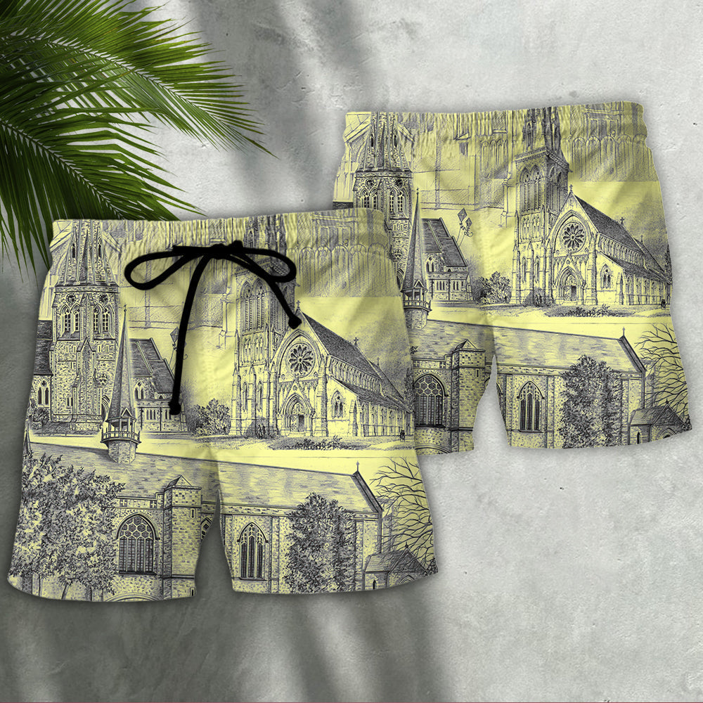 Church Grey Vintage Art Beach Shorts For Poolside Relaxation And Everyday Comfort