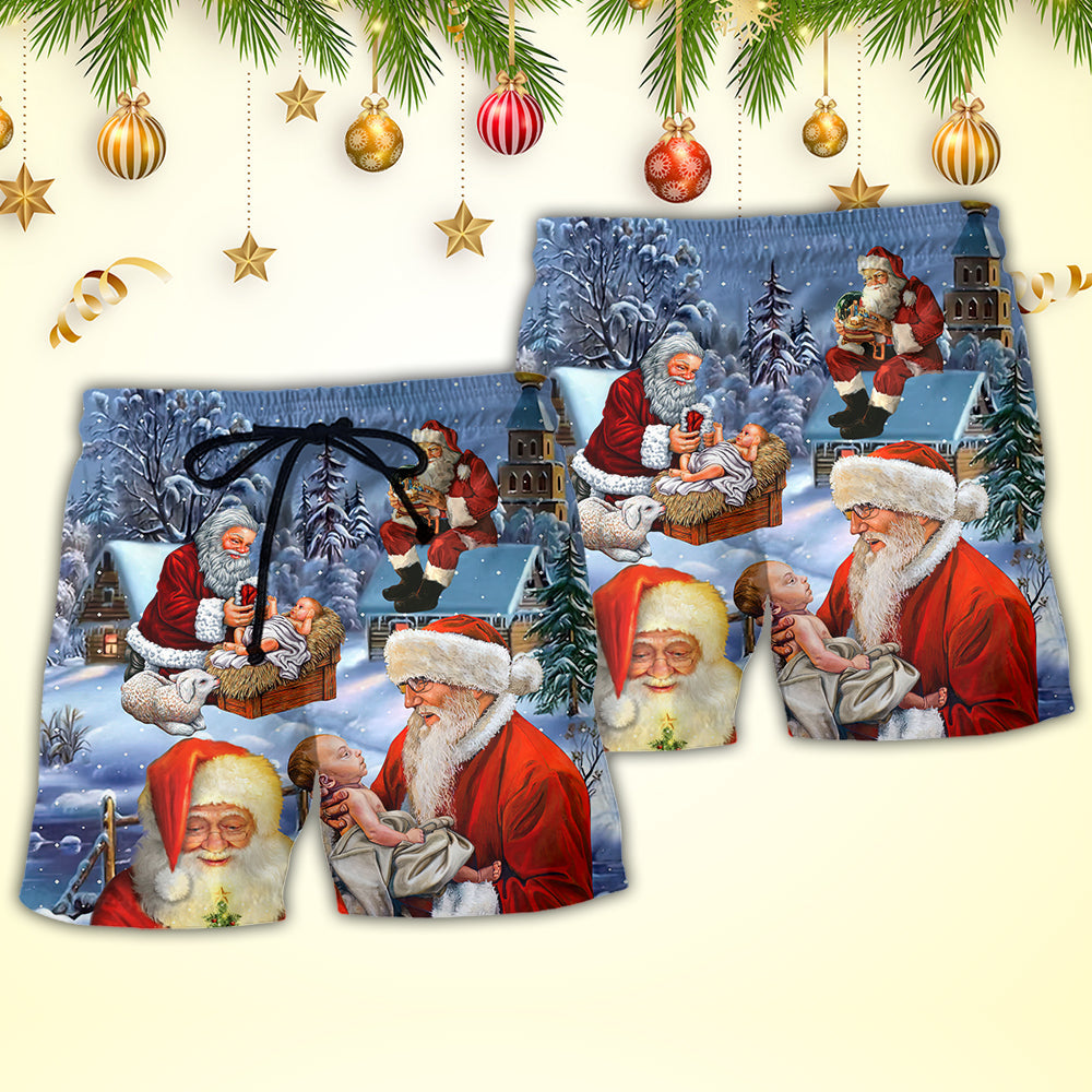 Xmas Santa Love And Joy Holiday Scene Beach Shorts For Warm Weather Celebrations