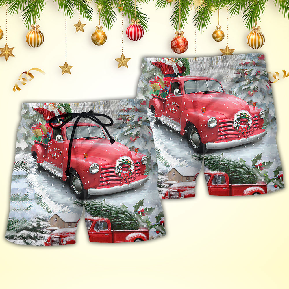 Santa Red Truck Christmas Beach Shorts Pattern Detail For Summer Adventures And Comfortable Daily Wear