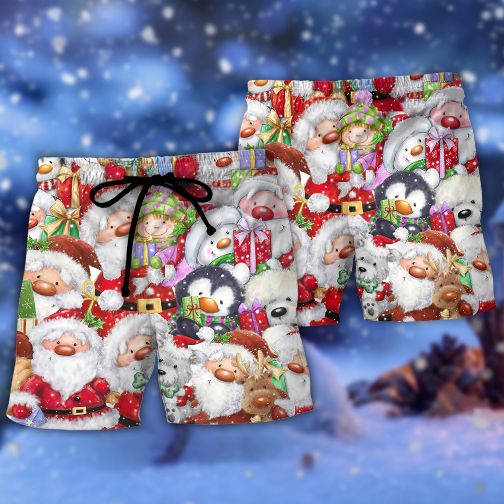 Christmas Santa And Friends Holiday Joy Beach Shorts Pattern View For Resort Days And Outdoor Activities