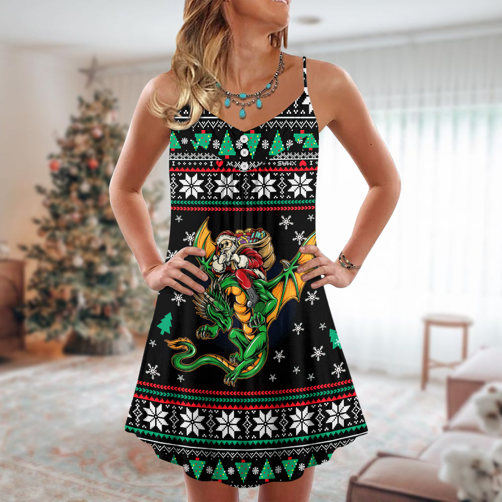 Christmas Santa And Dragon V-Neck Sleeveless Cami Dress For Vacations And Casual Warm Weather Wear