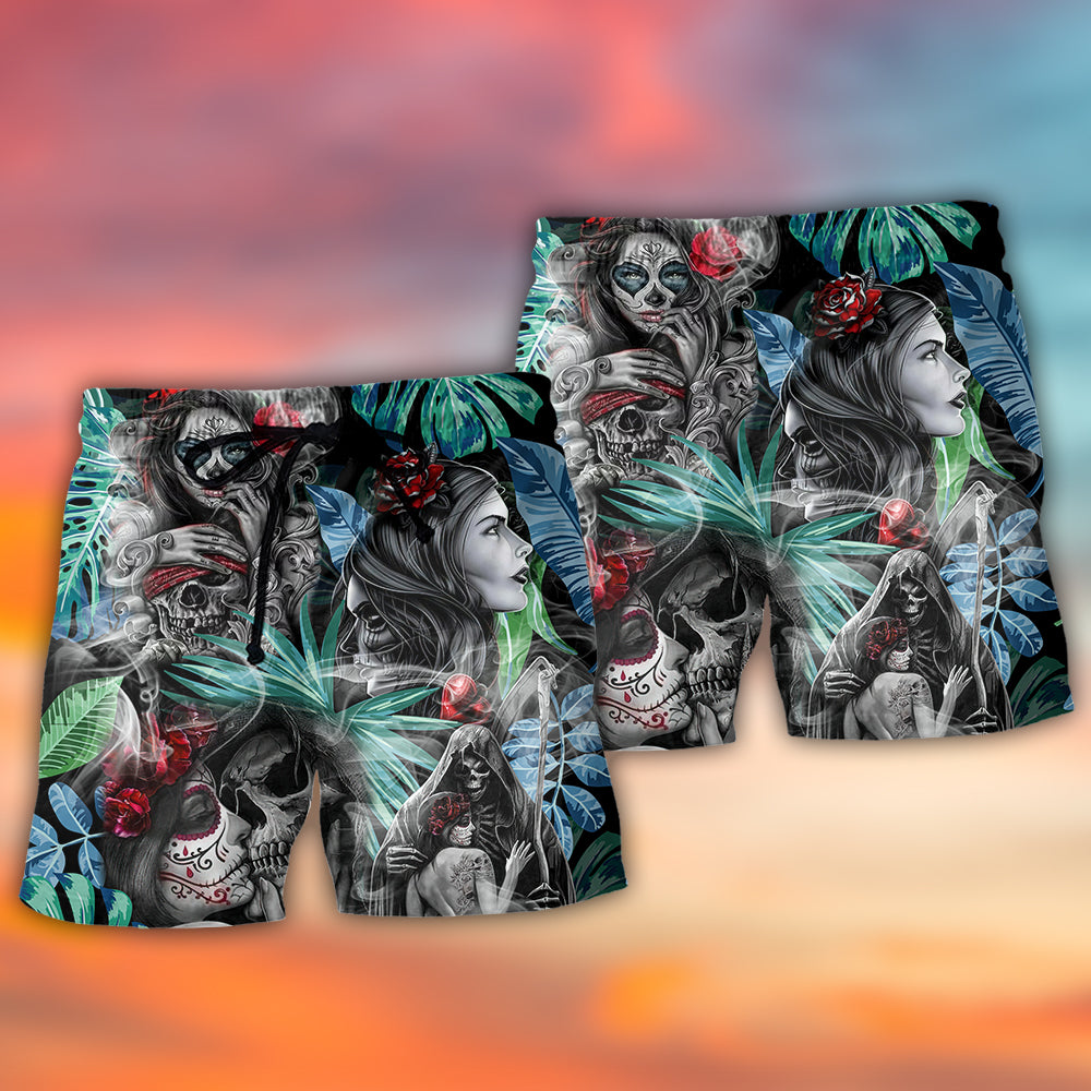 Skull Tropical White Smoke Red Flower Beach Shorts For Warm Weather Travel And Everyday Comfort