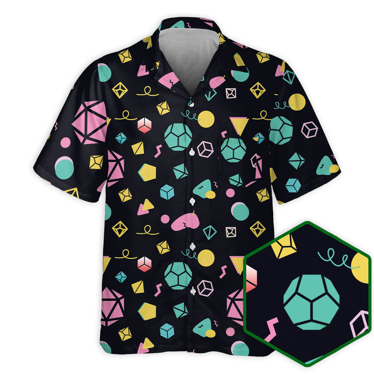 Fantasy Colorful Neon Role Dice Hawaiian Shirt Resort Outfit View For Warm Weather Events