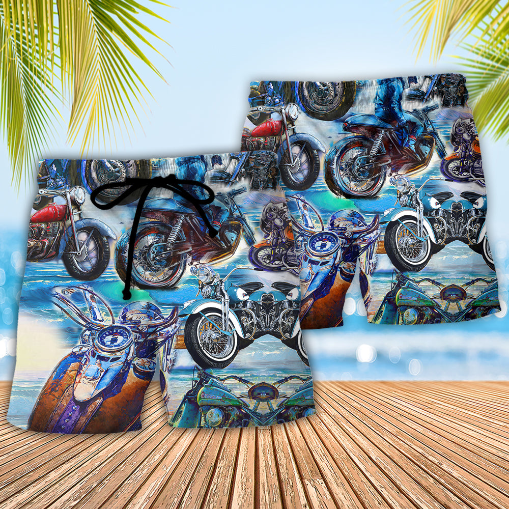Coastal Blue Motorcycle Beach Shorts Pattern Detail For Tropical Escapes And Easy Warm Weather Wear