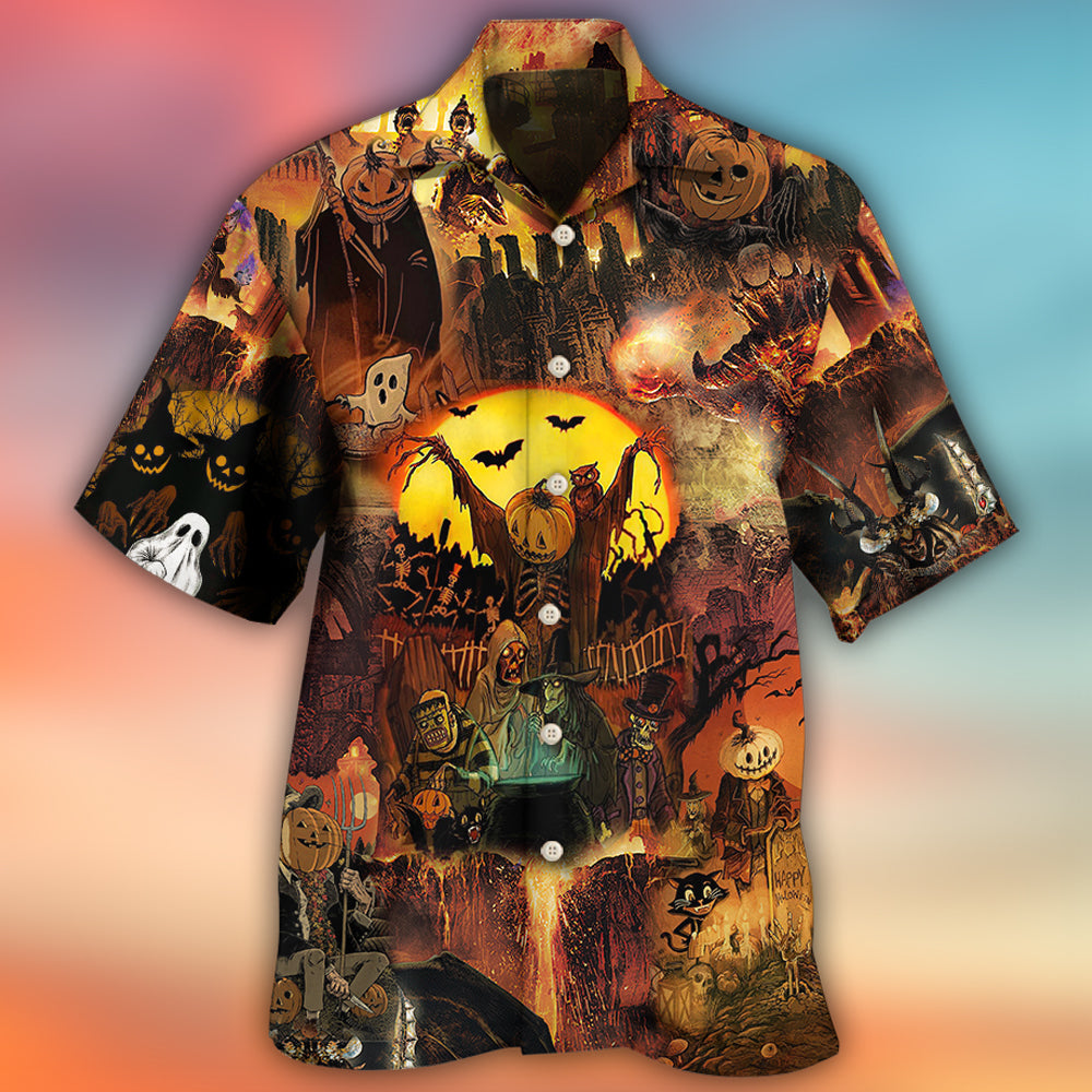 Spooky Halloween Pumpkin Ghost Night Hawaiian Shirt Pattern Detail For Vacation Travel And Daily Wear