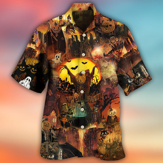 Spooky Halloween Pumpkin Ghost Night Hawaiian Shirt Pattern Detail For Vacation Travel And Daily Wear