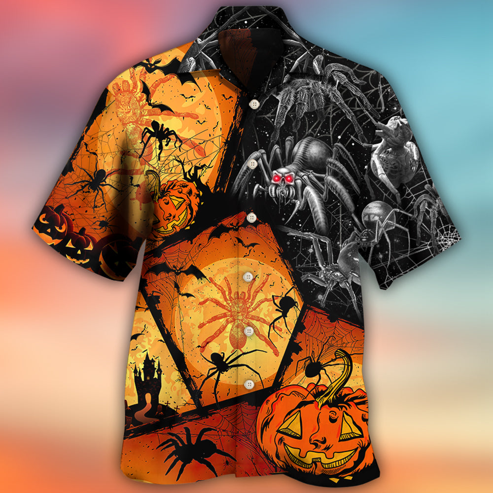 Halloween Spooky Spider Pumpkin Hawaiian Shirt Design View For Coastal Travel