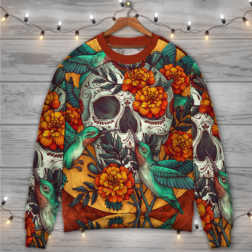 Floral Skull With Hummingbird Sweater For Casual Wear Parties And Thoughtful Gifting