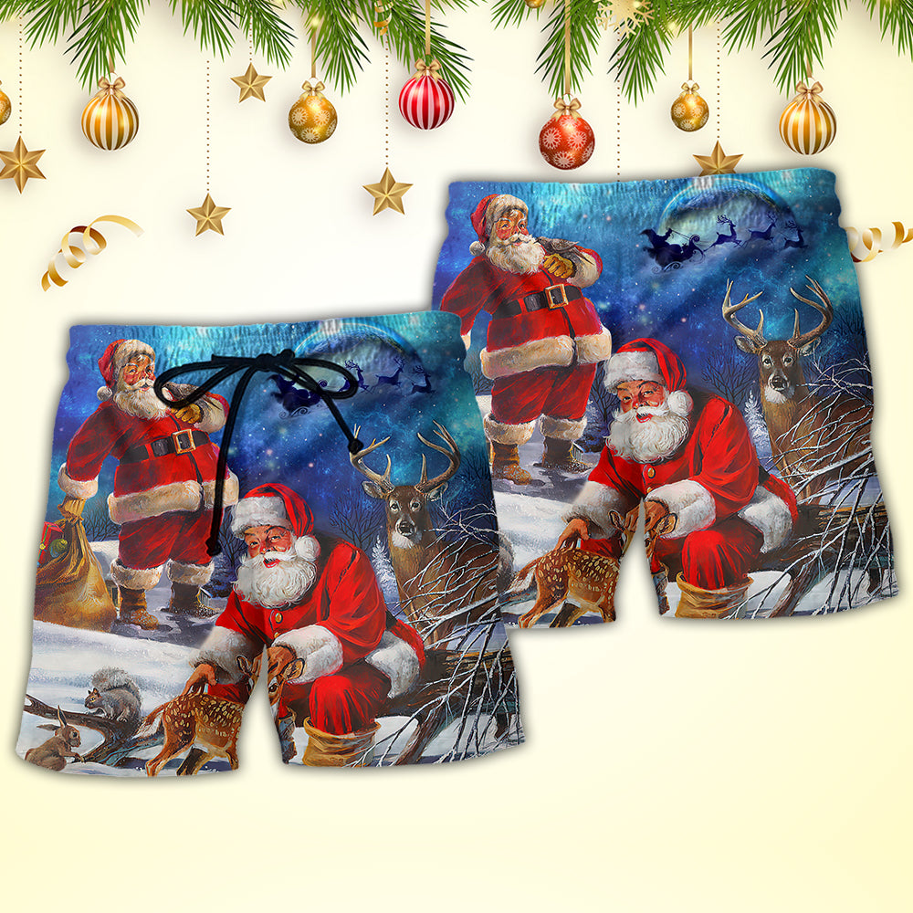 Christmas Santa Night Sky Beach Shorts Pattern View For Resort Days And Outdoor Activities