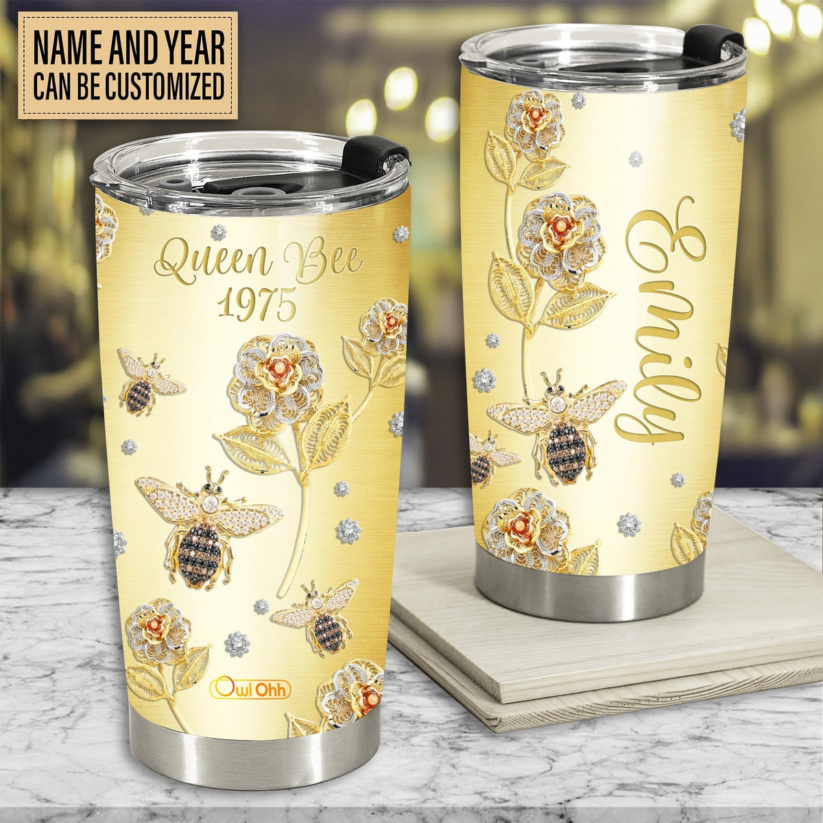Queen Bee Jewelry Golden Personalized 20 Oz Tumbler For Coffee Travel And Daily Drinks