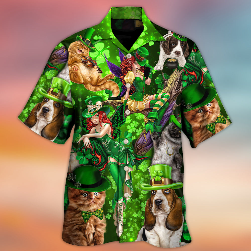 Irish Cat Patrick Green Glow Hawaiian Shirt Tropical Styling View For Casual Outings