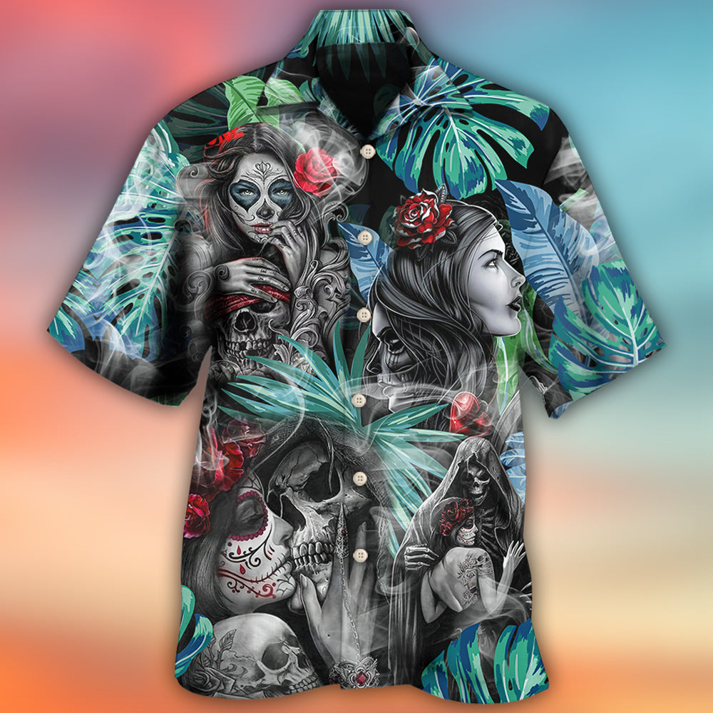 Tropical White Red Floral Skull Smoke Hawaiian Shirt Pattern Detail For Summer Holidays And Outdoor Fun