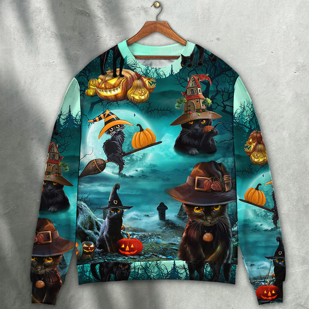 Halloween Black Cat Pumpkin Sweater For Art Fans Travel Parties And Distinctive Casual Style