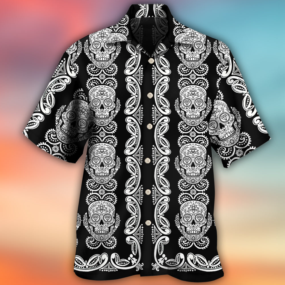 Black White Skull Diamond Hawaiian Shirt Pattern Detail For Summer Holidays And Outdoor Fun