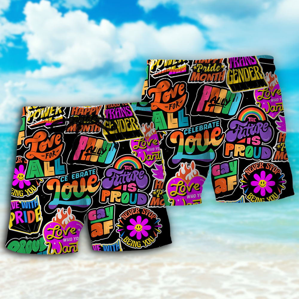 LGBT Love Is Love Rainbow Pride Beach Shorts Design View For Poolside Relaxation And Holiday Trips
