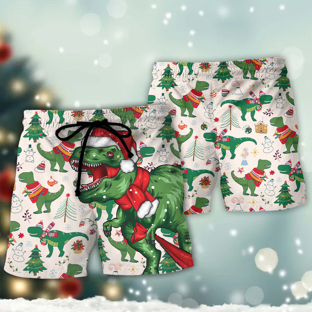 Dinosaur Christmas Tree Funny Beach Shorts Artwork Detail For Comfortable Everyday Summer Wear