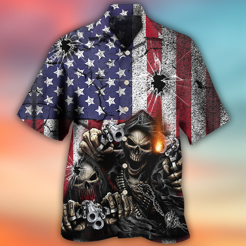 Western Vintage Skull Shot American Flag Hawaiian Shirt Artwork View For Coastal Escapes And Resort Style