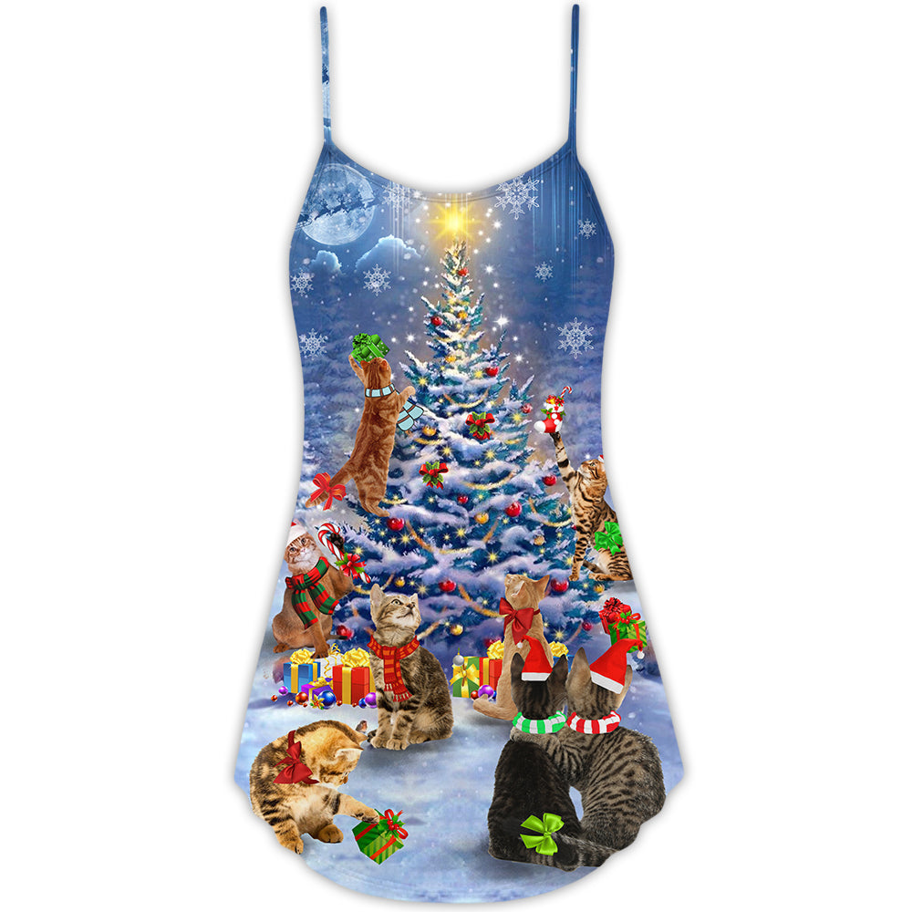 Christmas Cats And Tree Love V-Neck Sleeveless Cami Dress For Festivals Travel And Relaxed Casual Summer Wear